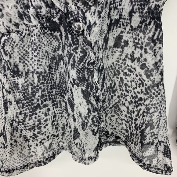 Guess Top Gray Snake Print Sheer Long Sleeve V Neck Ruffle - Picture 6 of 12